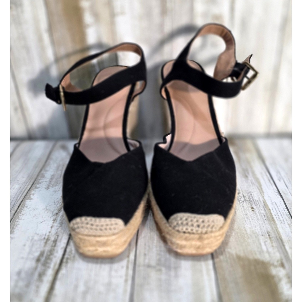 Time and Tru Black Espadrille Wedge Sandals Ankle Strap Square Toe Women Size 10 - Picture 7 of 7